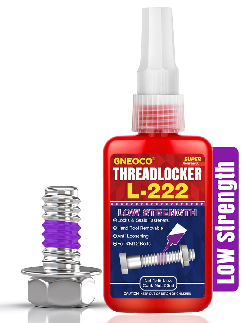GNEOCO ThreadLocker Purple, Thread Lock Low Strength Lock Tight for Nuts, Bolts, Fasteners and Metals, Anaerobic Curing Metal Glue to Prevent Loosening and Corrosion (L222-50ml) - Image 1